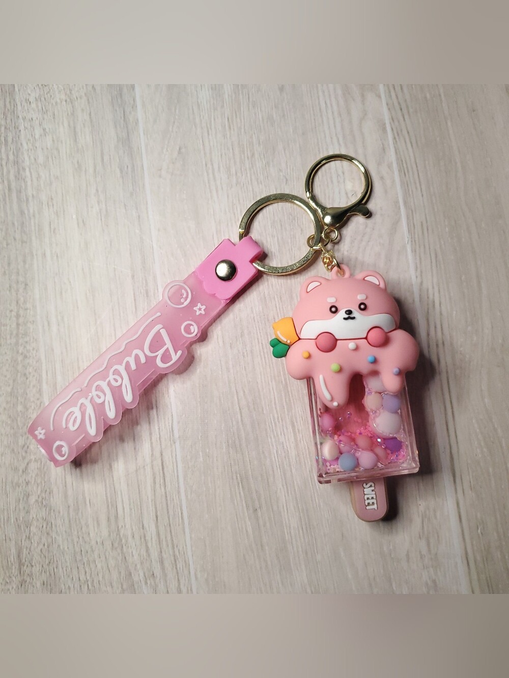 Kawaii Liquid Shaker Pink Bear Ice Cream Quicksand Keychain Bag Charm Bubble